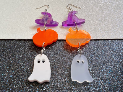 Ghosts, Pumpkins, Purple Witch Hat Halloween Earrings: Laser Cut Acrylic, Witch Hats, Cute Ghosts, Spooky, Best Gifts for Her/Him/Them