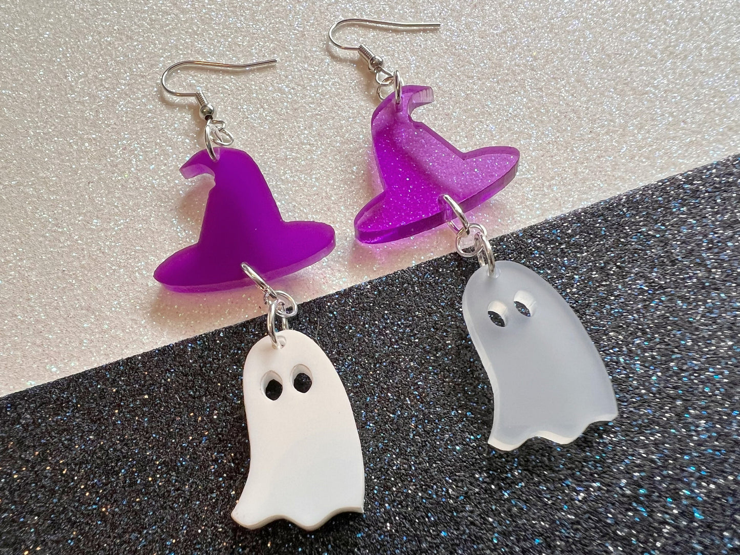 Ghosts & Purple Witch Hat Halloween Earrings: Laser Cut Acrylic, Witch Hats, Cute Ghosts, Spooky, Best Gifts for Her/Him/Them