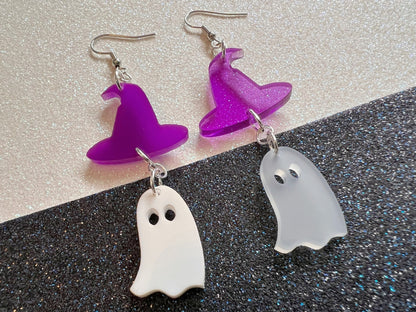 Ghosts & Purple Witch Hat Halloween Earrings: Laser Cut Acrylic, Witch Hats, Cute Ghosts, Spooky, Best Gifts for Her/Him/Them