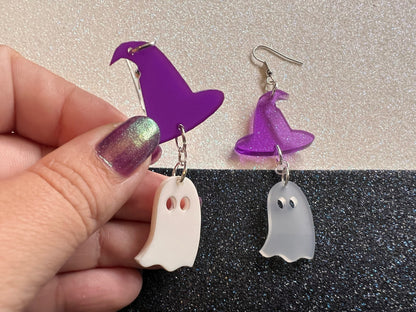 Ghosts & Purple Witch Hat Halloween Earrings: Laser Cut Acrylic, Witch Hats, Cute Ghosts, Spooky, Best Gifts for Her/Him/Them