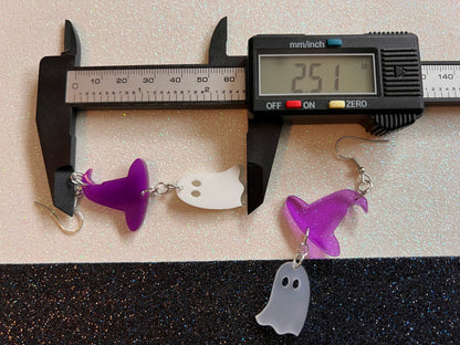 Ghosts & Purple Witch Hat Halloween Earrings: Laser Cut Acrylic, Witch Hats, Cute Ghosts, Spooky, Best Gifts for Her/Him/Them
