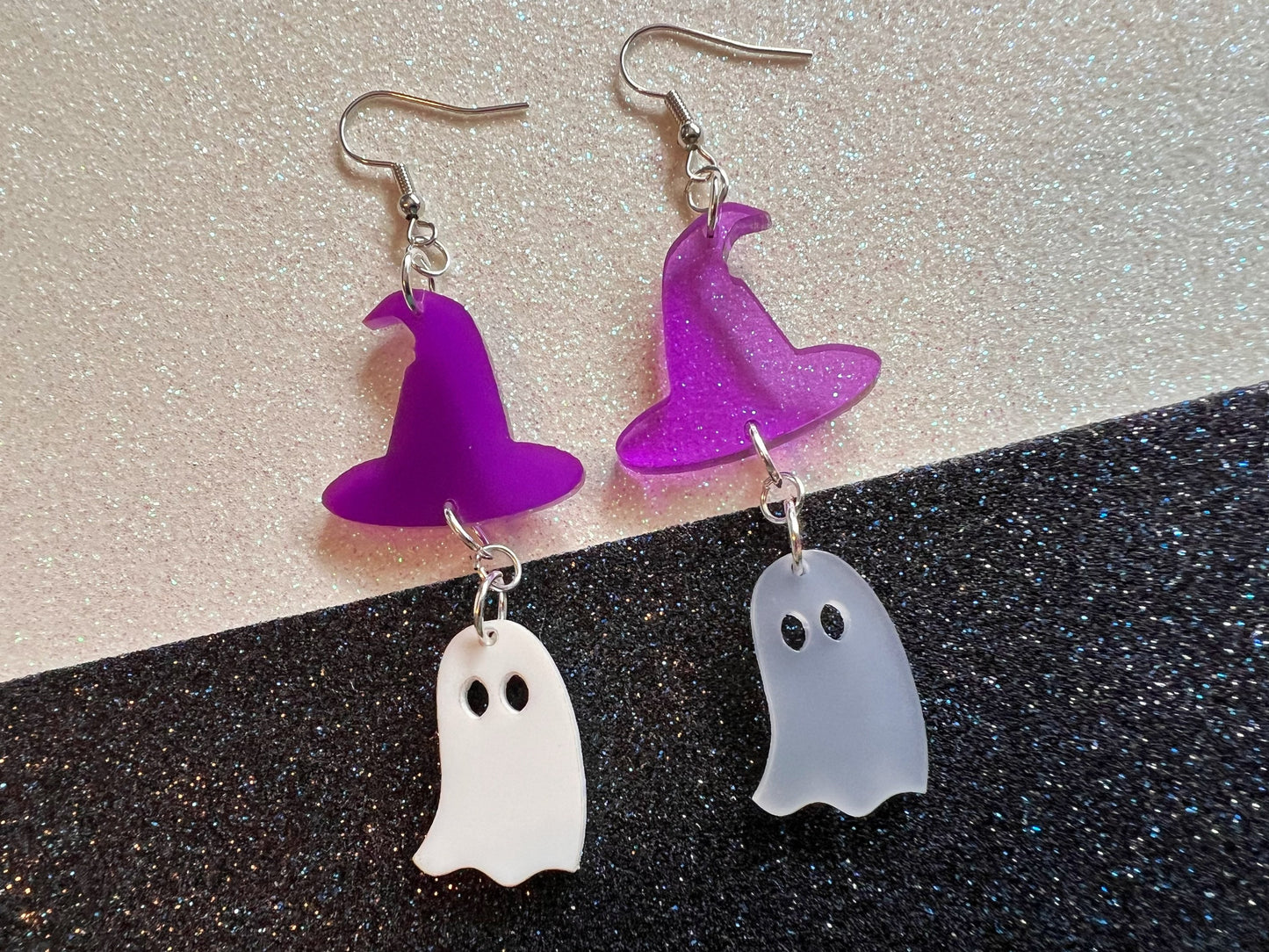 Ghosts & Purple Witch Hat Halloween Earrings: Laser Cut Acrylic, Witch Hats, Cute Ghosts, Spooky, Best Gifts for Her/Him/Them