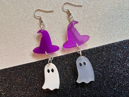Ghosts & Purple Witch Hat Halloween Earrings: Laser Cut Acrylic, Witch Hats, Cute Ghosts, Spooky, Best Gifts for Her/Him/Them