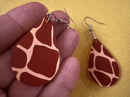 Giraffe Earrings: Laser Cut Acrylic Giraffe Print, Faux Animal Print, Safari, Africa, Exotic, Zoo, Giraffes, Best Gifts for Her/Him/Them