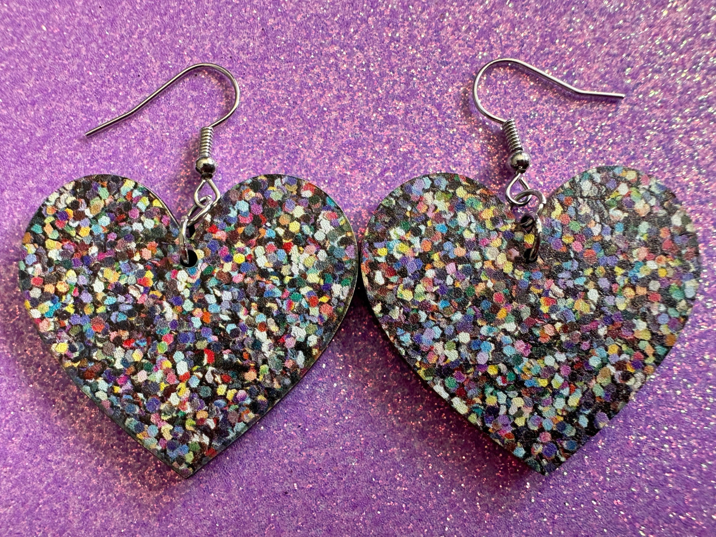 Glitter Print Heart Earrings: Laser Cut Acrylic Hearts, Festive, Colorful, Rainbow, Pride, Colorful, Faux Sparkle, Gifts for Her/Him/Them