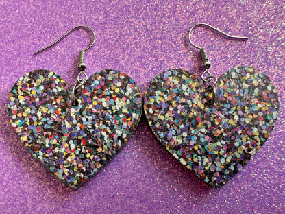 Glitter Print Heart Earrings: Laser Cut Acrylic Hearts, Festive, Colorful, Rainbow, Pride, Colorful, Faux Sparkle, Gifts for Her/Him/Them