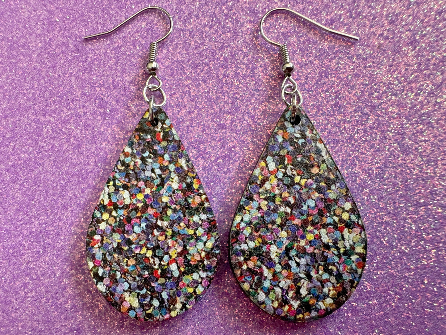 Glitter Print Heart Earrings: Laser Cut Acrylic Hearts, Festive, Colorful, Rainbow, Pride, Colorful, Faux Sparkle, Gifts for Her/Him/Them