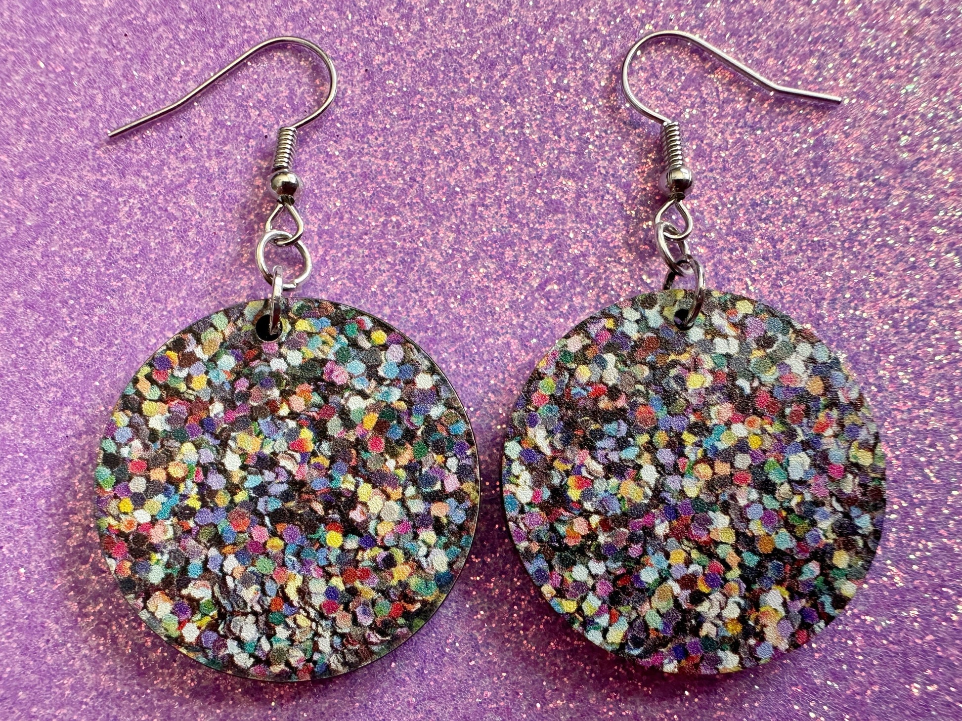 Glitter Print Heart Earrings: Laser Cut Acrylic Hearts, Festive, Colorful, Rainbow, Pride, Colorful, Faux Sparkle, Gifts for Her/Him/Them