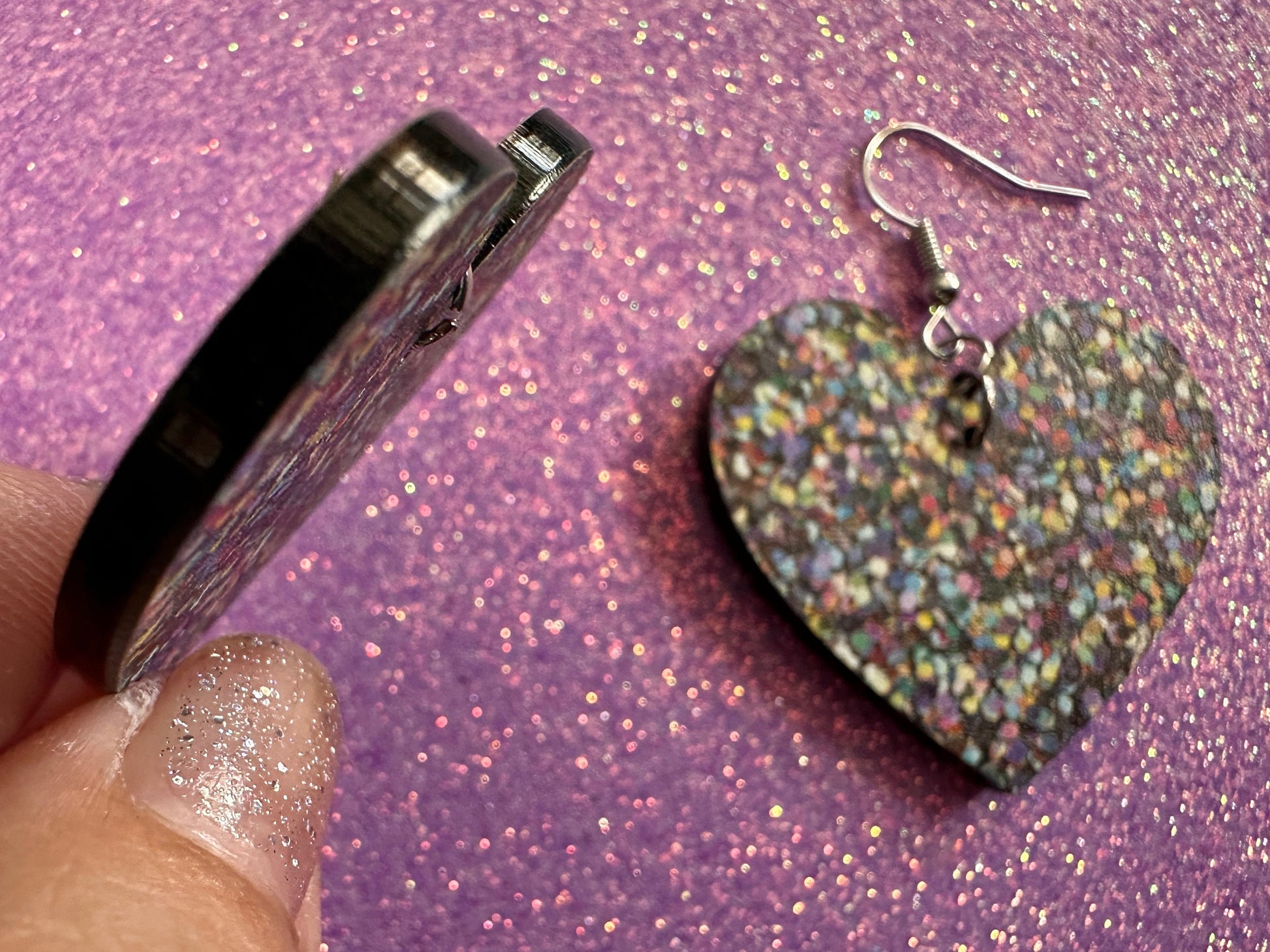 Glitter Print Heart Earrings: Laser Cut Acrylic Hearts, Festive, Colorful, Rainbow, Pride, Colorful, Faux Sparkle, Gifts for Her/Him/Them