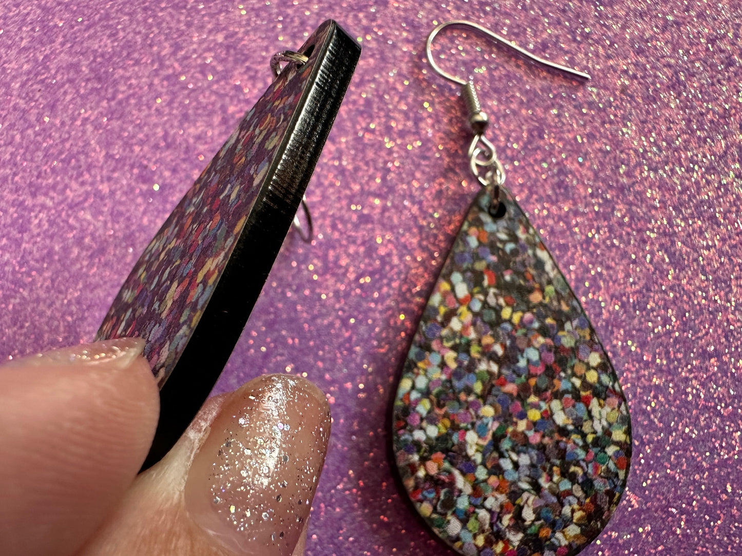 Glitter Print Heart Earrings: Laser Cut Acrylic Hearts, Festive, Colorful, Rainbow, Pride, Colorful, Faux Sparkle, Gifts for Her/Him/Them
