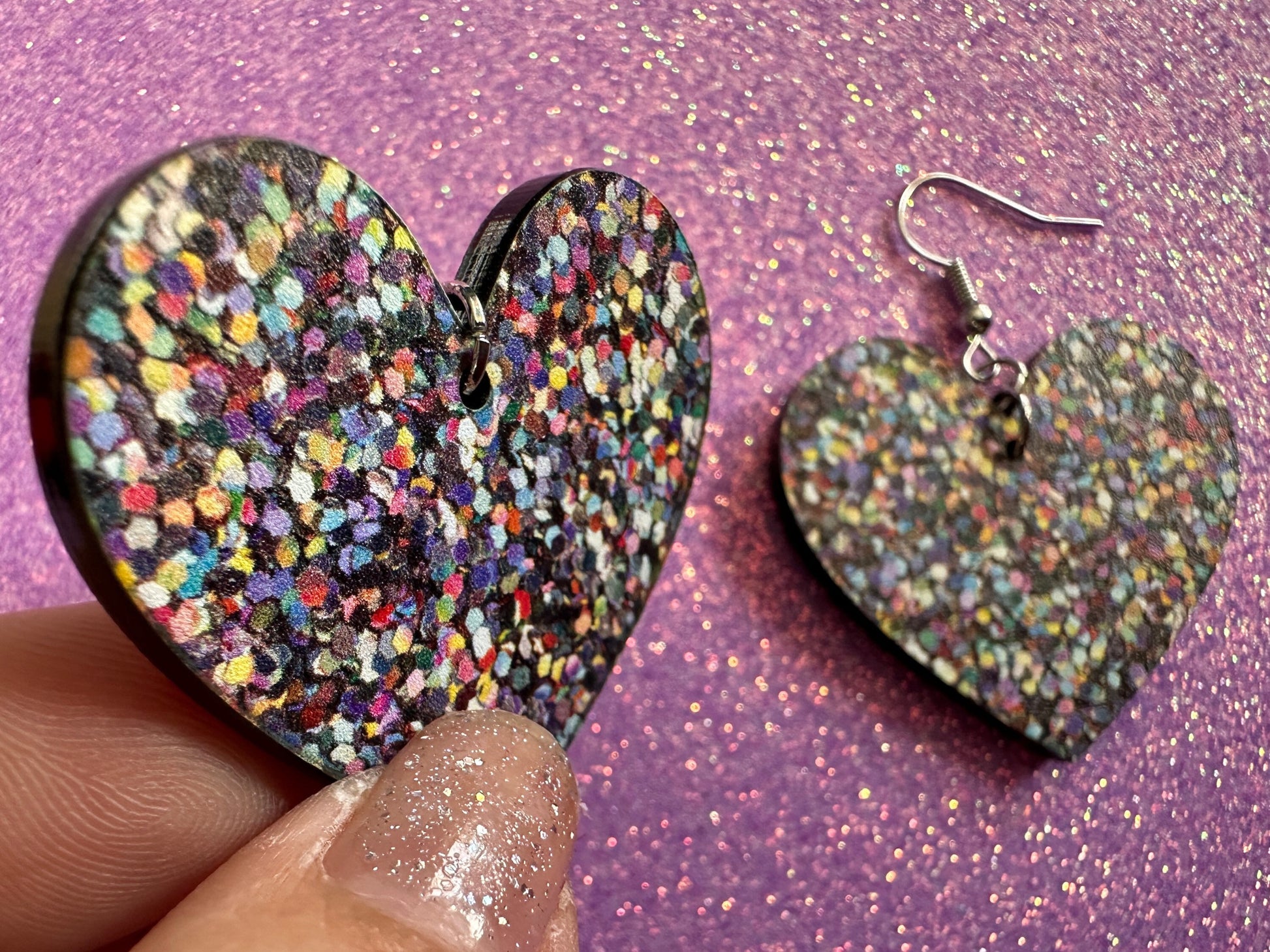 Glitter Print Heart Earrings: Laser Cut Acrylic Hearts, Festive, Colorful, Rainbow, Pride, Colorful, Faux Sparkle, Gifts for Her/Him/Them