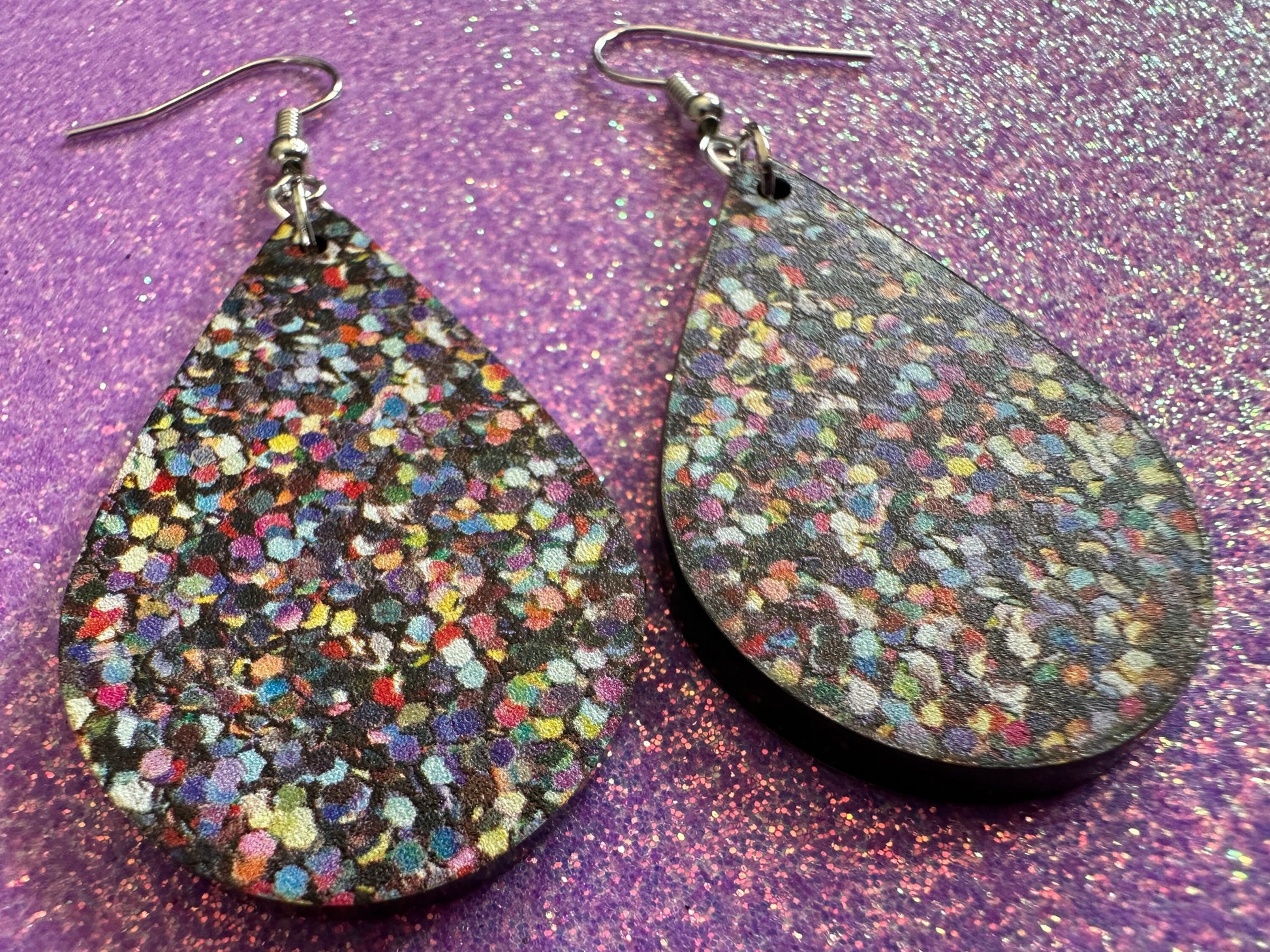 Glitter Print Heart Earrings: Laser Cut Acrylic Hearts, Festive, Colorful, Rainbow, Pride, Colorful, Faux Sparkle, Gifts for Her/Him/Them