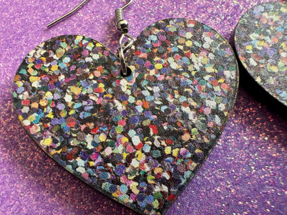 Glitter Print Heart Earrings: Laser Cut Acrylic Hearts, Festive, Colorful, Rainbow, Pride, Colorful, Faux Sparkle, Gifts for Her/Him/Them