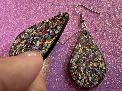 Glitter Print Heart Earrings: Laser Cut Acrylic Hearts, Festive, Colorful, Rainbow, Pride, Colorful, Faux Sparkle, Gifts for Her/Him/Them