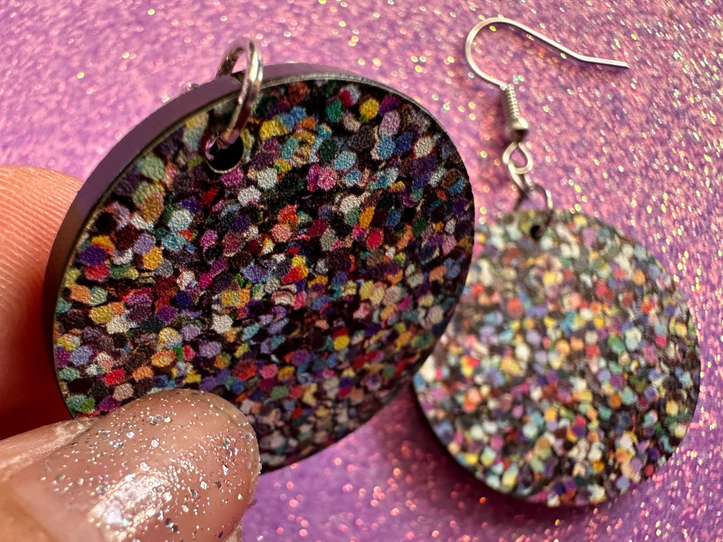 Glitter Print Heart Earrings: Laser Cut Acrylic Hearts, Festive, Colorful, Rainbow, Pride, Colorful, Faux Sparkle, Gifts for Her/Him/Them