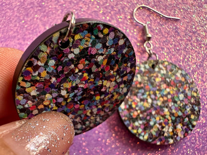 Glitter Print Heart Earrings: Laser Cut Acrylic Hearts, Festive, Colorful, Rainbow, Pride, Colorful, Faux Sparkle, Gifts for Her/Him/Them