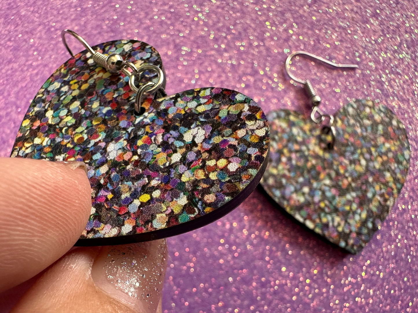 Glitter Print Heart Earrings: Laser Cut Acrylic Hearts, Festive, Colorful, Rainbow, Pride, Colorful, Faux Sparkle, Gifts for Her/Him/Them