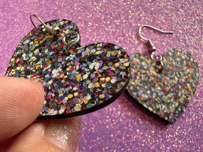 Glitter Print Heart Earrings: Laser Cut Acrylic Hearts, Festive, Colorful, Rainbow, Pride, Colorful, Faux Sparkle, Gifts for Her/Him/Them