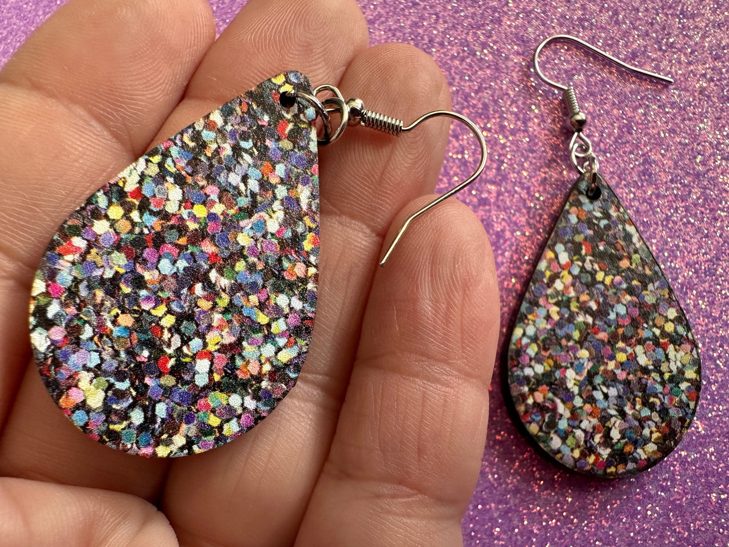 Glitter Print Heart Earrings: Laser Cut Acrylic Hearts, Festive, Colorful, Rainbow, Pride, Colorful, Faux Sparkle, Gifts for Her/Him/Them