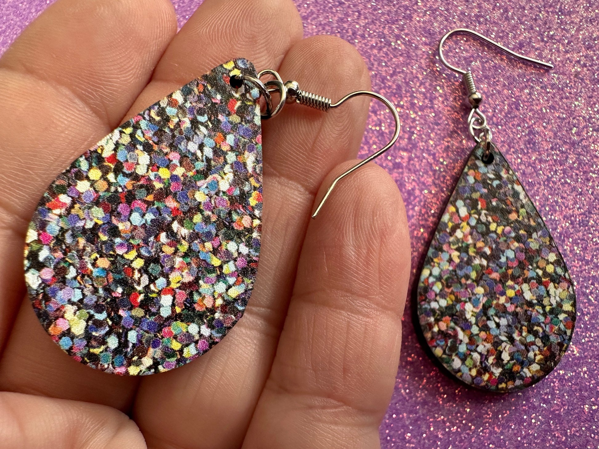 Glitter Print Heart Earrings: Laser Cut Acrylic Hearts, Festive, Colorful, Rainbow, Pride, Colorful, Faux Sparkle, Gifts for Her/Him/Them