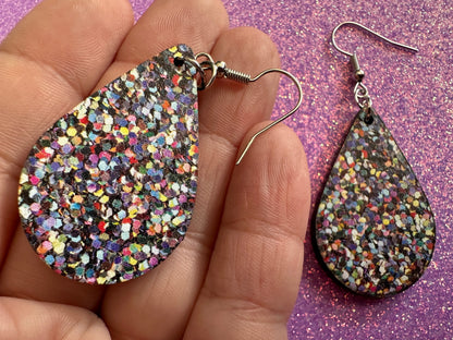 Glitter Print Heart Earrings: Laser Cut Acrylic Hearts, Festive, Colorful, Rainbow, Pride, Colorful, Faux Sparkle, Gifts for Her/Him/Them