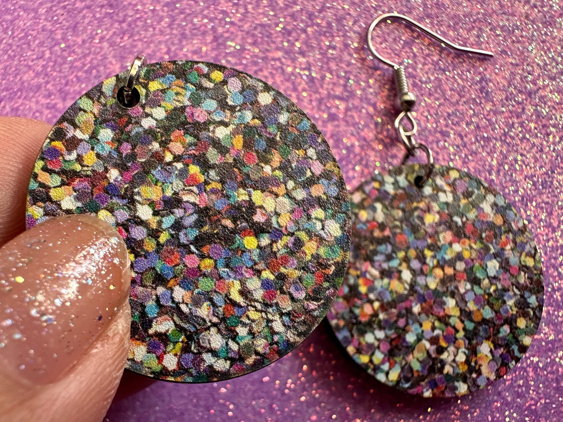 Glitter Print Heart Earrings: Laser Cut Acrylic Hearts, Festive, Colorful, Rainbow, Pride, Colorful, Faux Sparkle, Gifts for Her/Him/Them