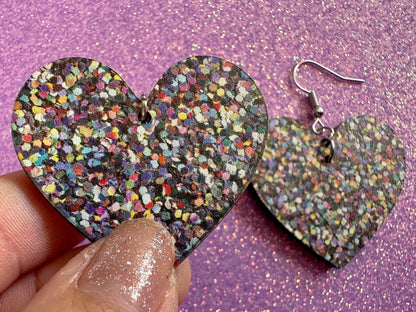 Glitter Print Heart Earrings: Laser Cut Acrylic Hearts, Festive, Colorful, Rainbow, Pride, Colorful, Faux Sparkle, Gifts for Her/Him/Them