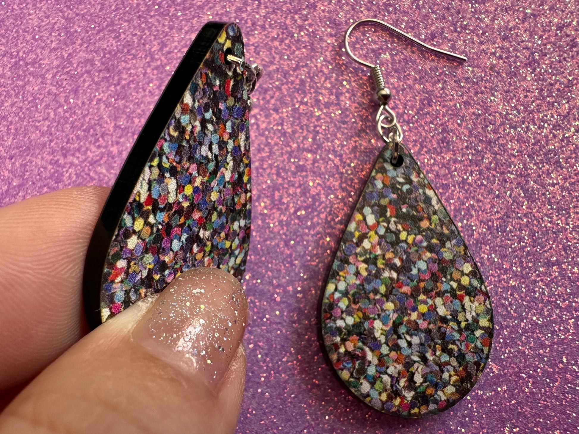 Glitter Print Heart Earrings: Laser Cut Acrylic Hearts, Festive, Colorful, Rainbow, Pride, Colorful, Faux Sparkle, Gifts for Her/Him/Them