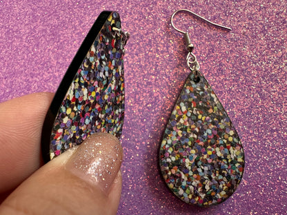 Glitter Print Heart Earrings: Laser Cut Acrylic Hearts, Festive, Colorful, Rainbow, Pride, Colorful, Faux Sparkle, Gifts for Her/Him/Them