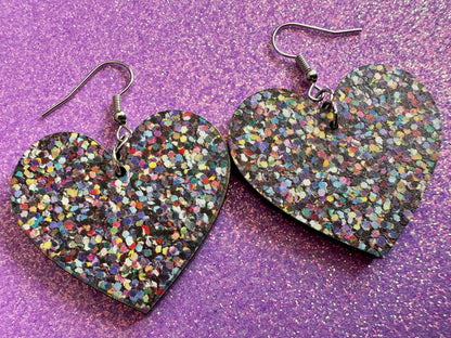 Glitter Print Heart Earrings: Laser Cut Acrylic Hearts, Festive, Colorful, Rainbow, Pride, Colorful, Faux Sparkle, Gifts for Her/Him/Them