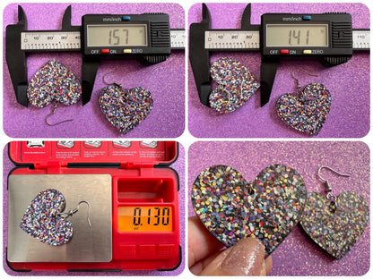 Glitter Print Heart Earrings: Laser Cut Acrylic Hearts, Festive, Colorful, Rainbow, Pride, Colorful, Faux Sparkle, Gifts for Her/Him/Them