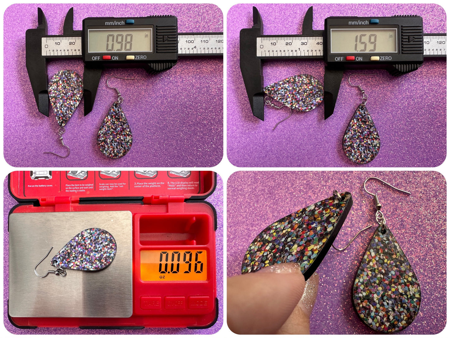 Glitter Print Heart Earrings: Laser Cut Acrylic Hearts, Festive, Colorful, Rainbow, Pride, Colorful, Faux Sparkle, Gifts for Her/Him/Them