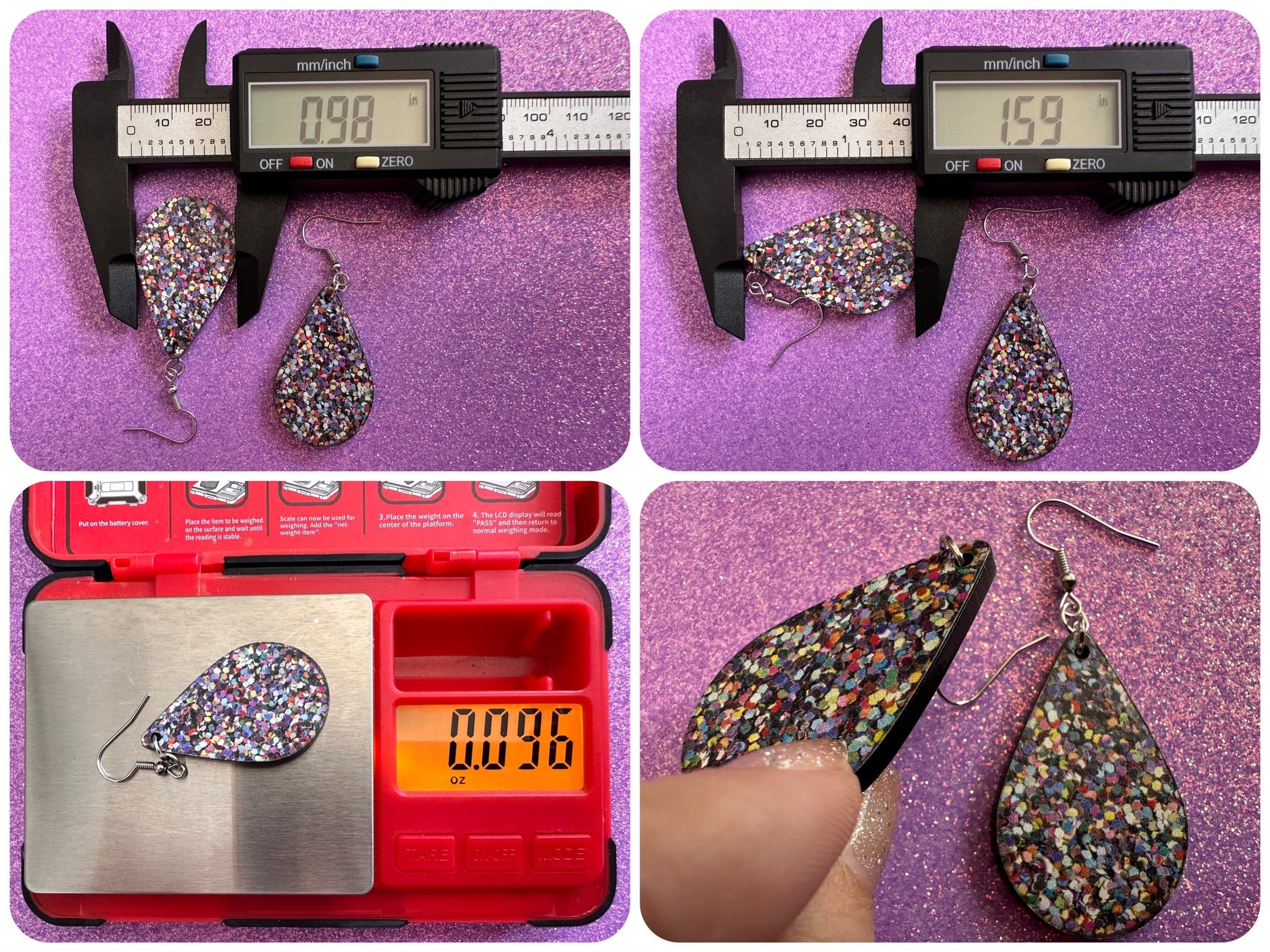 Glitter Print Heart Earrings: Laser Cut Acrylic Hearts, Festive, Colorful, Rainbow, Pride, Colorful, Faux Sparkle, Gifts for Her/Him/Them