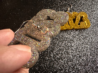 Glittery 2023 Earrings: Bling, Laser Cut Acrylic New Year's Eve Party Earrings, Graduation, Year, Resolutions, NYE, Gifts for Her/Him/Them