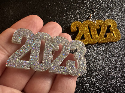 Glittery 2023 Earrings: Bling, Laser Cut Acrylic New Year's Eve Party Earrings, Graduation, Year, Resolutions, NYE, Gifts for Her/Him/Them