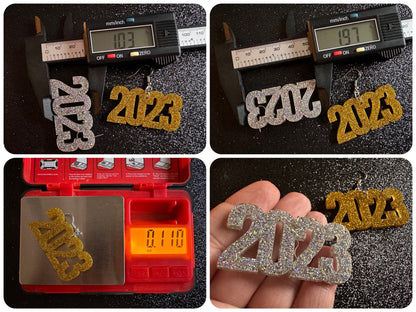 Glittery 2023 Earrings: Bling, Laser Cut Acrylic New Year's Eve Party Earrings, Graduation, Year, Resolutions, NYE, Gifts for Her/Him/Them