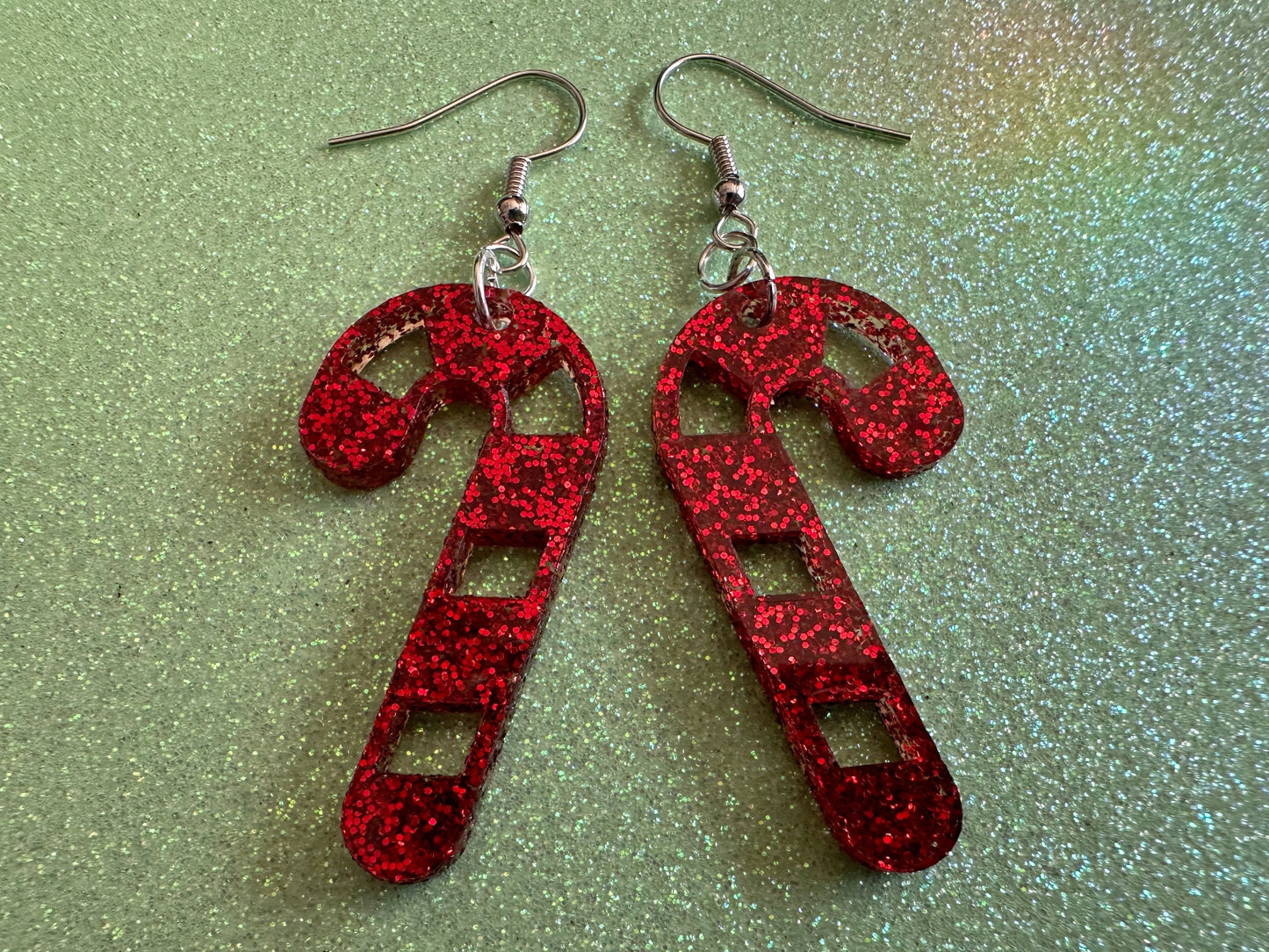 Glittery Candy Cane Earrings: Laser Cut Acrylic Christmas Earrings, Holidays, Dessert, Holidays, Sweet Tooth, Gifts for Her/Him/Them