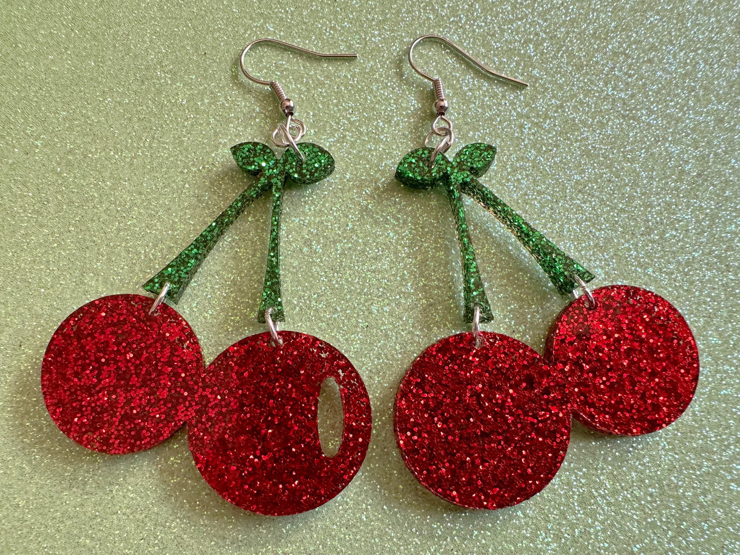 Glittery Cherry Earrings: Laser Cut Acrylic Cherries, Sparkly Fruit, Summer Vibes, Shiny, Green Earrings,Food, Best Gifts for Her/Him/Them