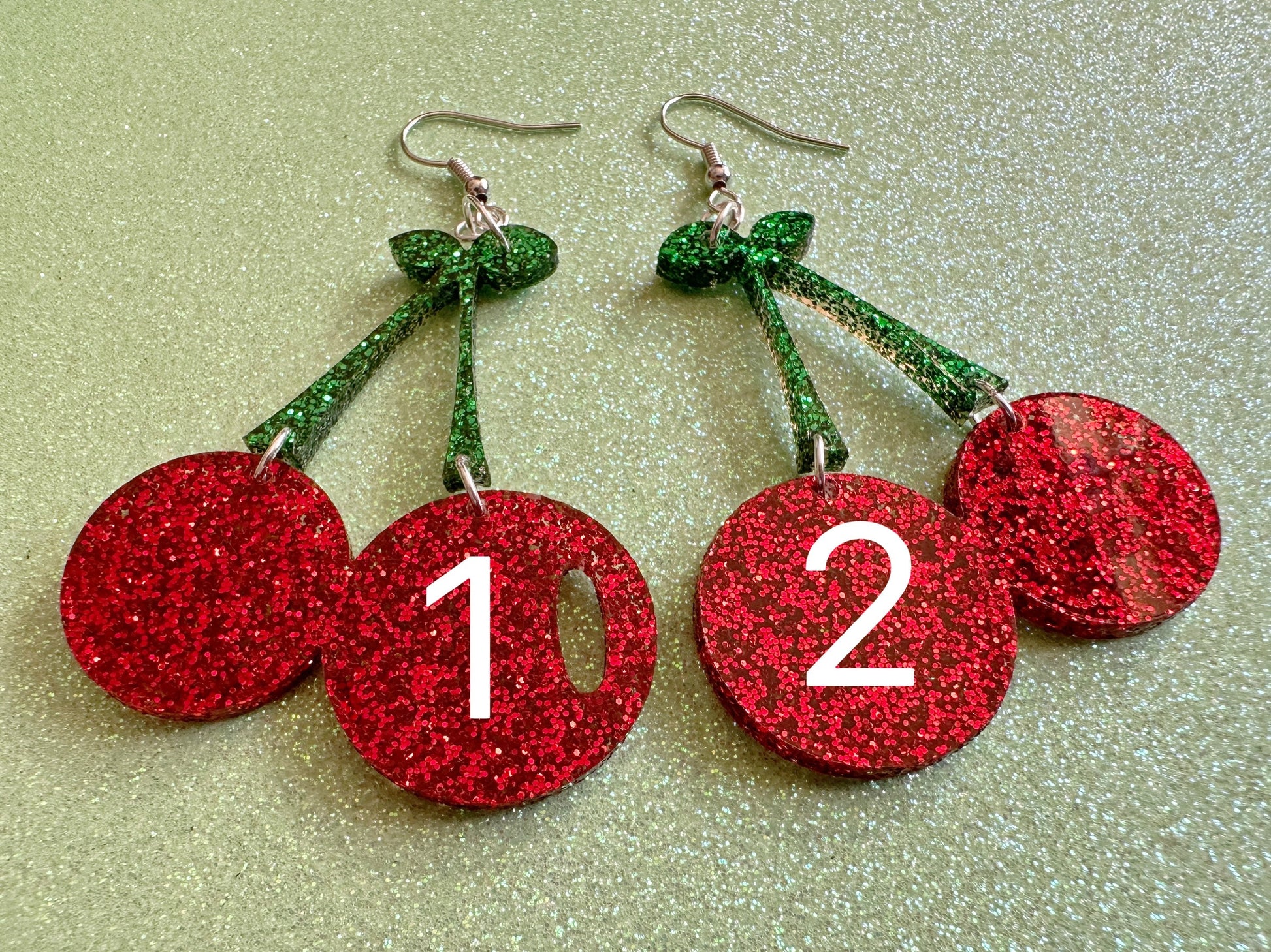 Glittery Cherry Earrings: Laser Cut Acrylic Cherries, Sparkly Fruit, Summer Vibes, Shiny, Green Earrings,Food, Best Gifts for Her/Him/Them