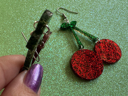 Glittery Cherry Earrings: Laser Cut Acrylic Cherries, Sparkly Fruit, Summer Vibes, Shiny, Green Earrings,Food, Best Gifts for Her/Him/Them
