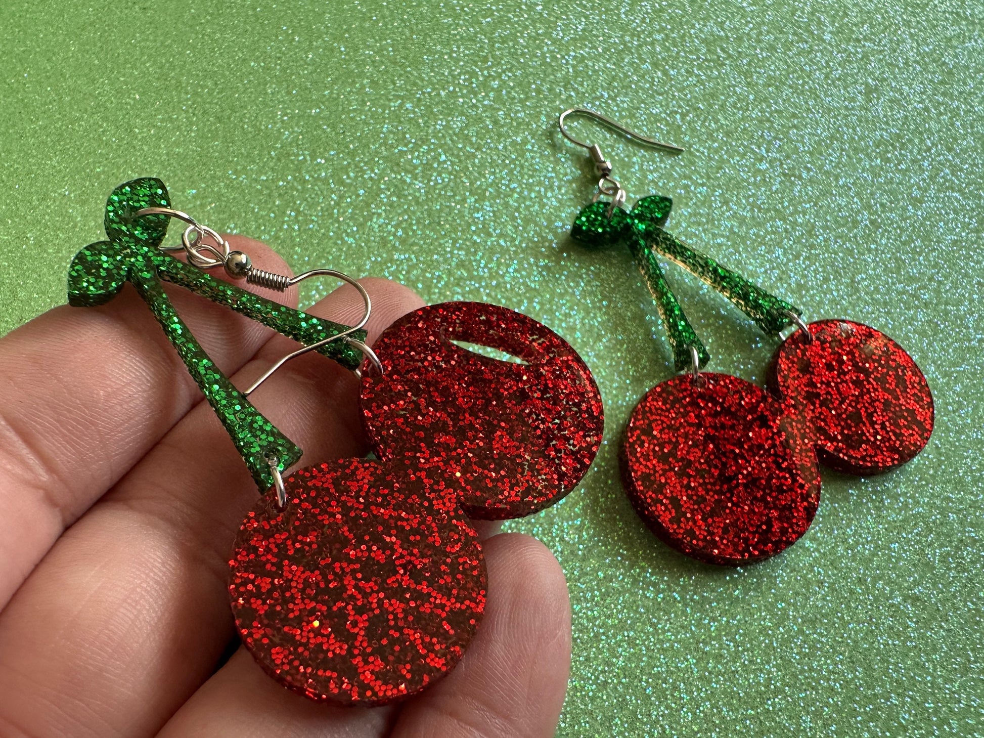 Glittery Cherry Earrings: Laser Cut Acrylic Cherries, Sparkly Fruit, Summer Vibes, Shiny, Green Earrings,Food, Best Gifts for Her/Him/Them