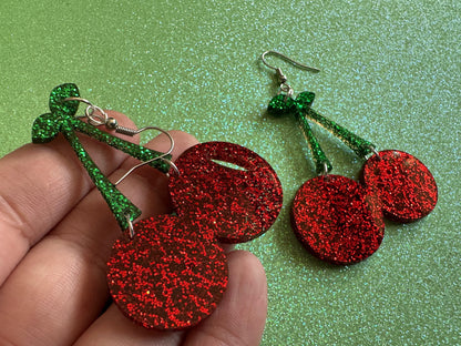 Glittery Cherry Earrings: Laser Cut Acrylic Cherries, Sparkly Fruit, Summer Vibes, Shiny, Green Earrings,Food, Best Gifts for Her/Him/Them