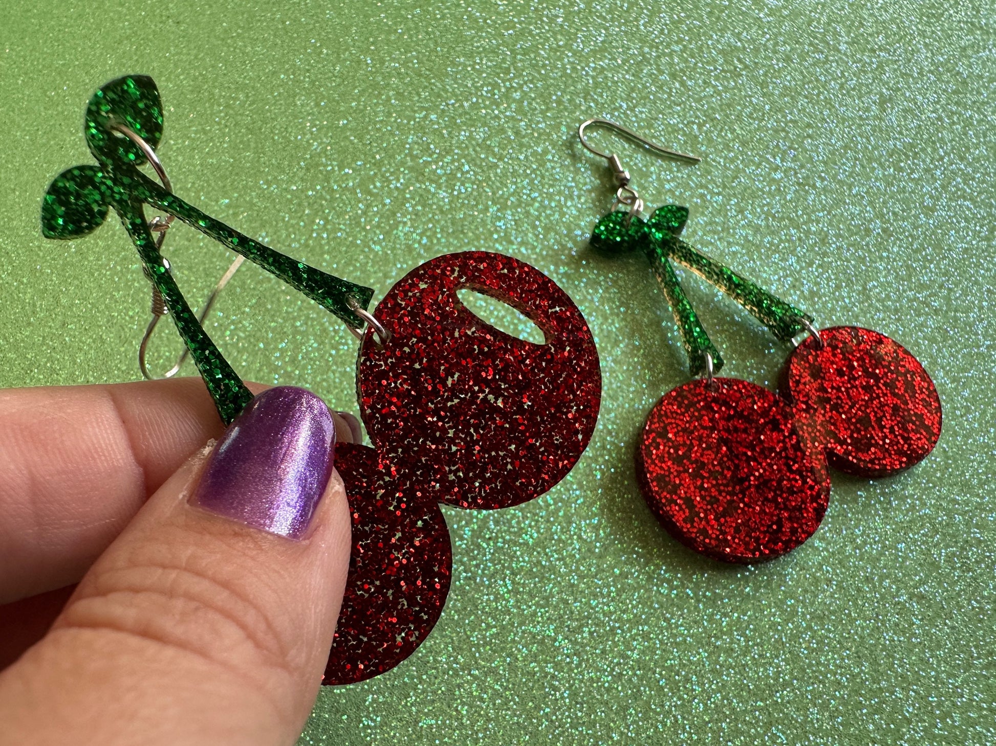 Glittery Cherry Earrings: Laser Cut Acrylic Cherries, Sparkly Fruit, Summer Vibes, Shiny, Green Earrings,Food, Best Gifts for Her/Him/Them