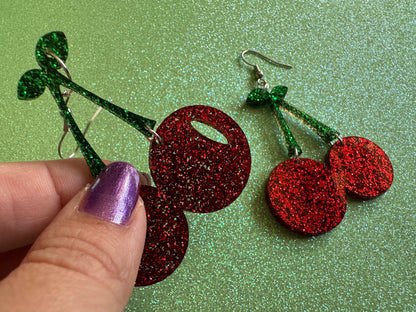 Glittery Cherry Earrings: Laser Cut Acrylic Cherries, Sparkly Fruit, Summer Vibes, Shiny, Green Earrings,Food, Best Gifts for Her/Him/Them