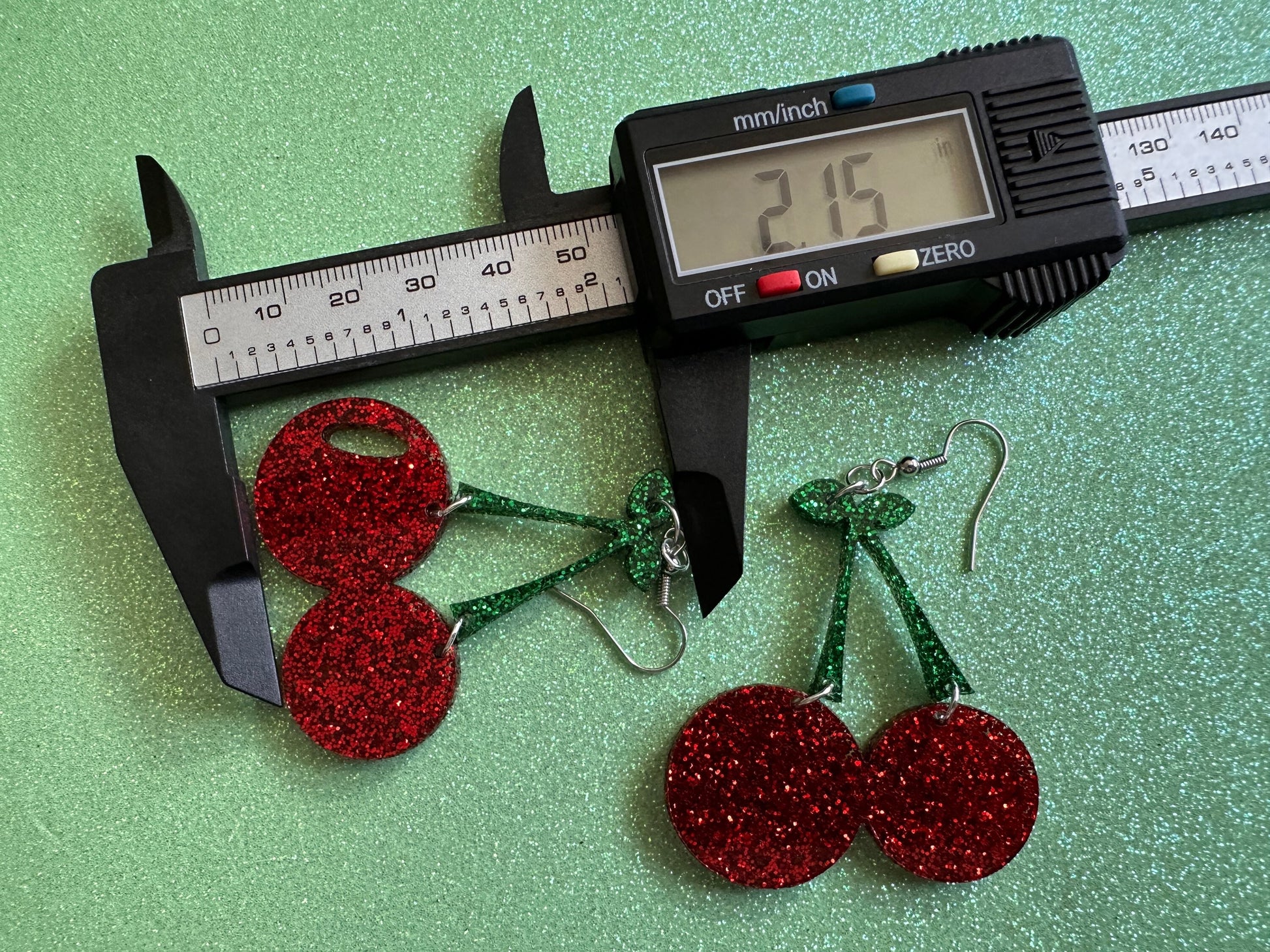 Glittery Cherry Earrings: Laser Cut Acrylic Cherries, Sparkly Fruit, Summer Vibes, Shiny, Green Earrings,Food, Best Gifts for Her/Him/Them