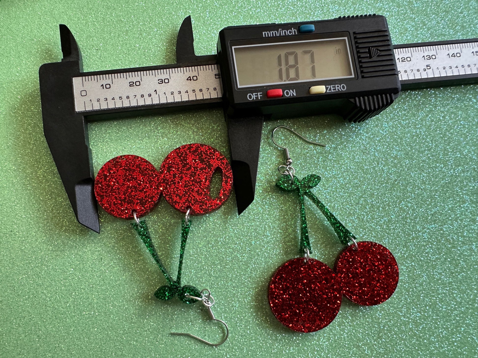 Glittery Cherry Earrings: Laser Cut Acrylic Cherries, Sparkly Fruit, Summer Vibes, Shiny, Green Earrings,Food, Best Gifts for Her/Him/Them