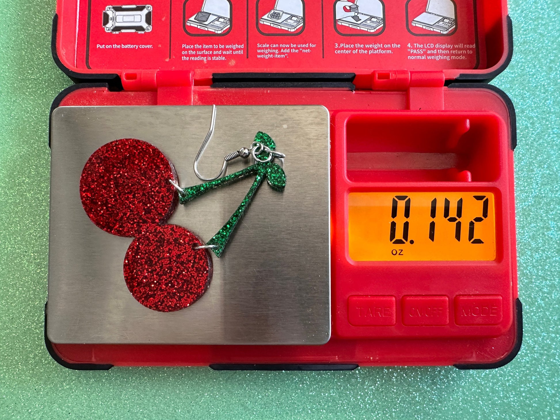 Glittery Cherry Earrings: Laser Cut Acrylic Cherries, Sparkly Fruit, Summer Vibes, Shiny, Green Earrings,Food, Best Gifts for Her/Him/Them