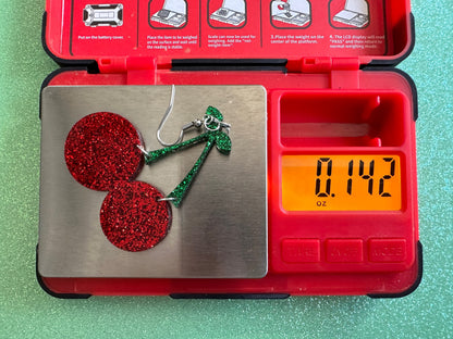 Glittery Cherry Earrings: Laser Cut Acrylic Cherries, Sparkly Fruit, Summer Vibes, Shiny, Green Earrings,Food, Best Gifts for Her/Him/Them