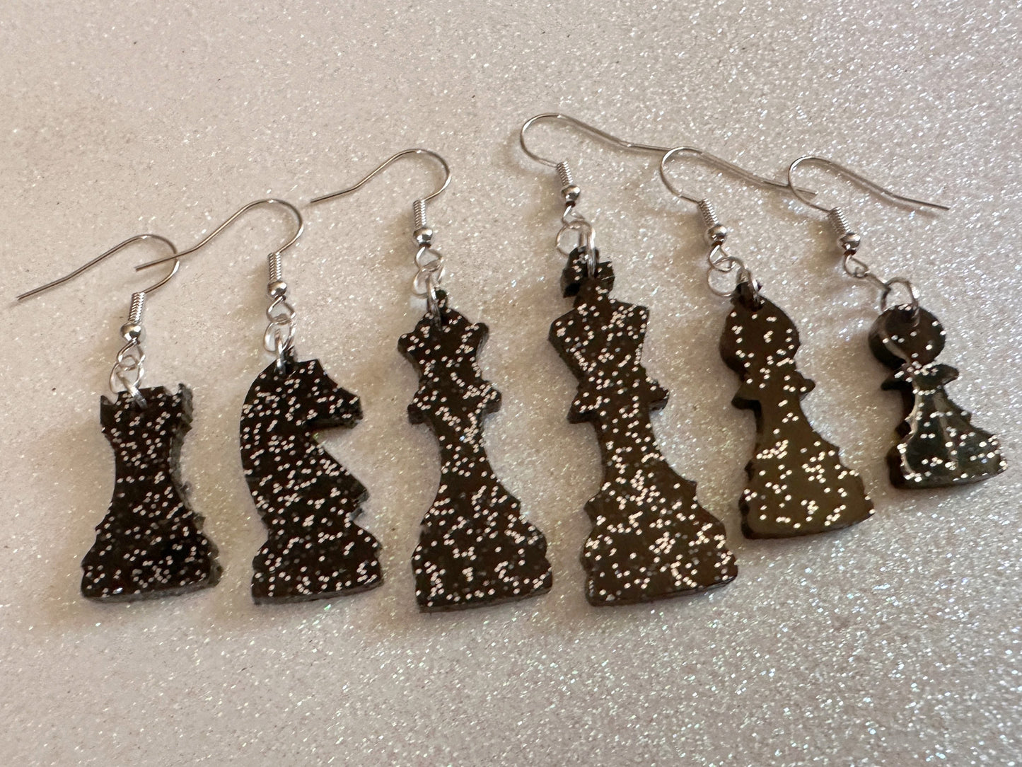Glittery Chess Earrings: Laser Cut Acrylic Chess Pieces, Board Game, King, Queen, Pawn, Knight, Tower, Best Gifts for Her/Him/Them