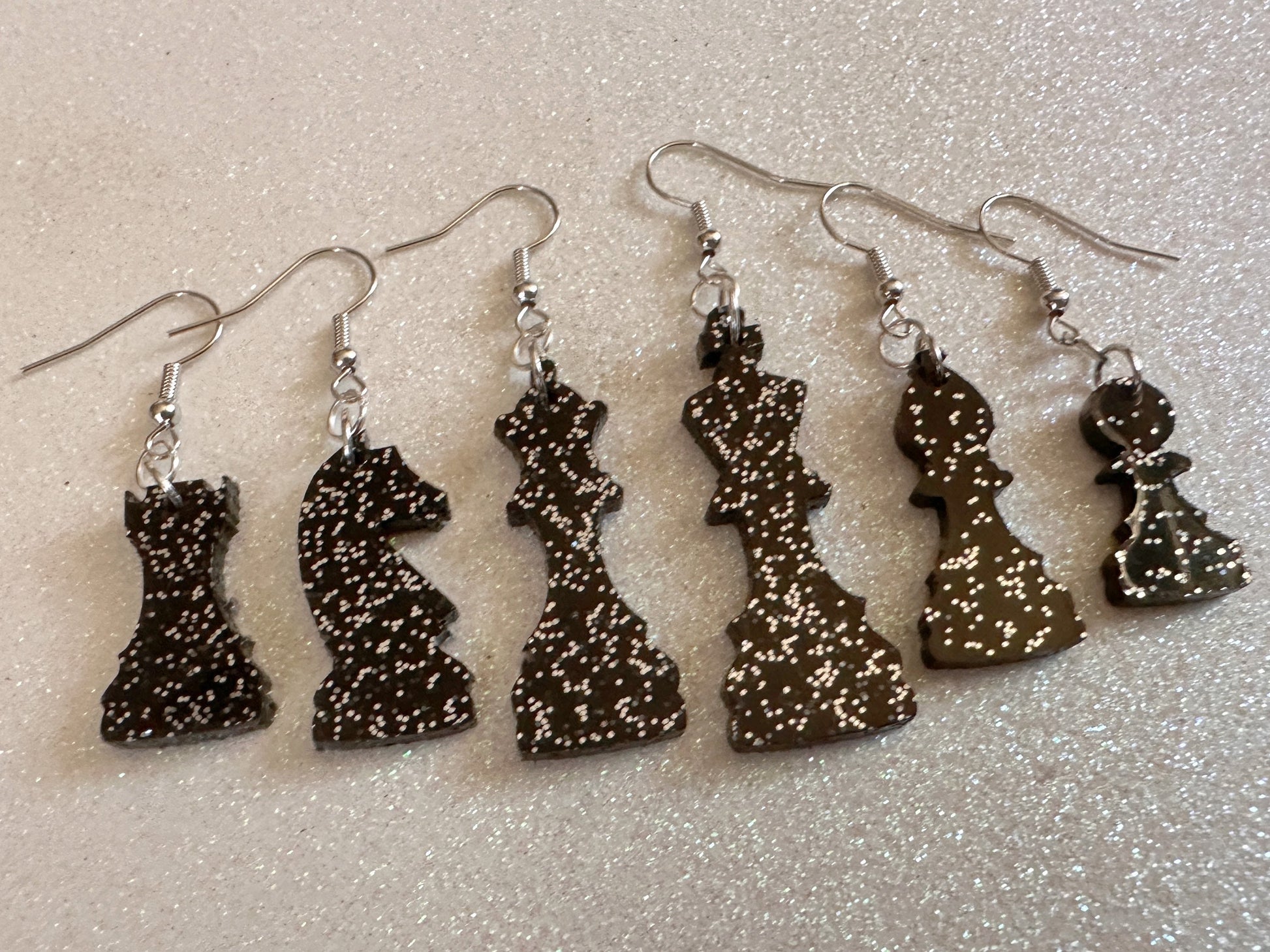 Glittery Chess Earrings: Laser Cut Acrylic Chess Pieces, Board Game, King, Queen, Pawn, Knight, Tower, Best Gifts for Her/Him/Them